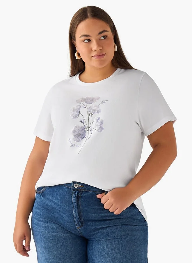 Ulla Popken Ulla Popken Cotton T-shirt with Floral Sequins